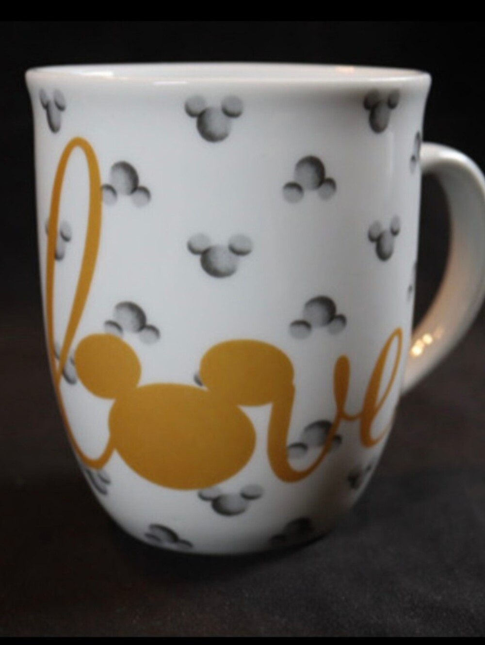 Disney Brands Mickey Mouse 90 Year Love 12oz. Coffee Mug White Gray Gold